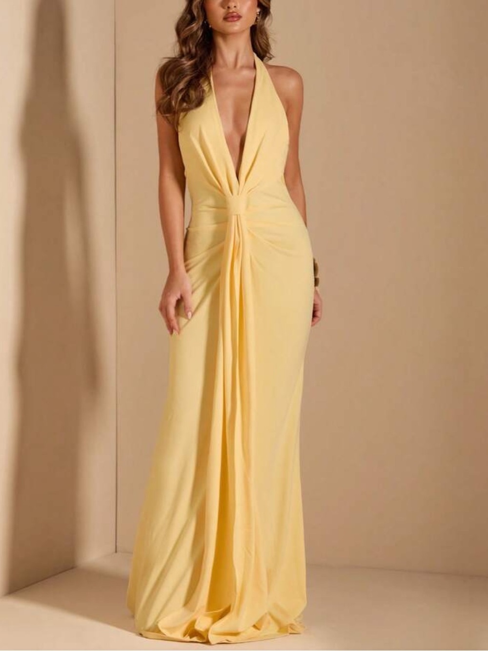 Yellow Halter Maxi Dress with Deep V-Neck - Picture 3 of 5